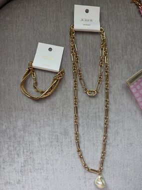 New J.Crew Gold Multi-Chain Necklace with Pearl Pendant and Bracelet
